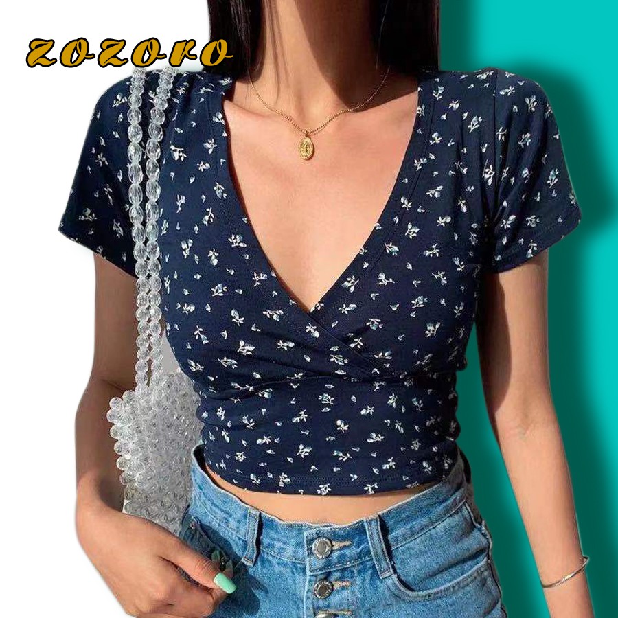 Áo croptop cổ tim ôm body hoa nhí quyến rũ áo croptop cổ V-ACN3
