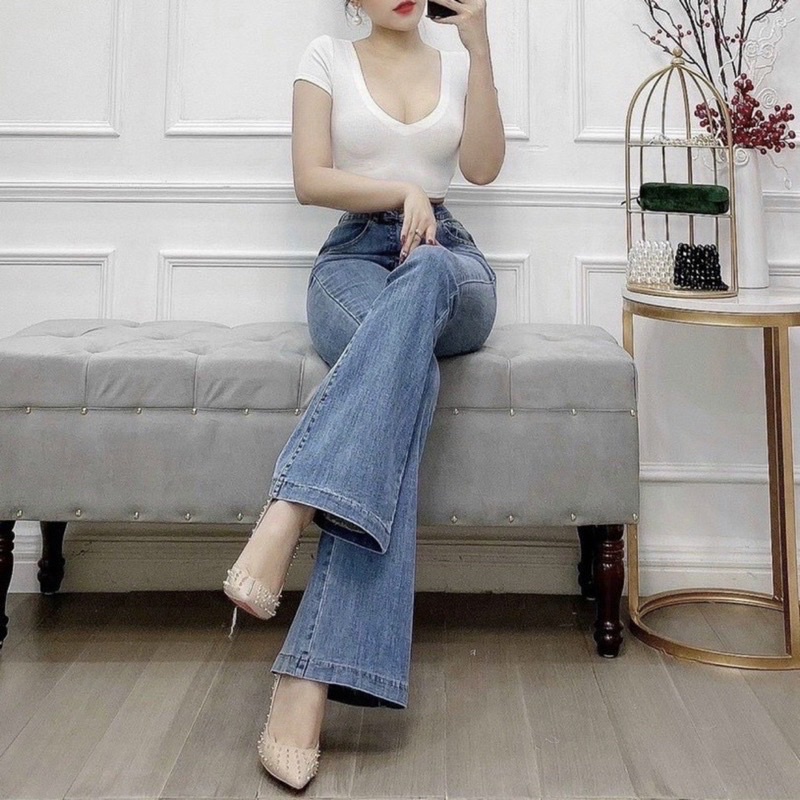 Quần jean ống loe. Quần bò cạp cao ống loe co giãn 4 chiều mặc tôn dáng