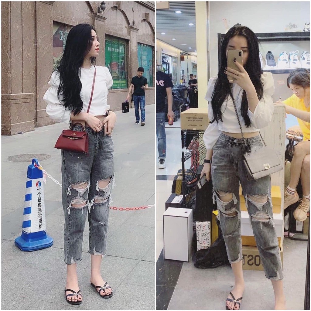 QUẦN JEAN NỮ BAGGY RÁCH NHIỀU MÀU XÁM 3/5 - 3166 SIZE S,M,L