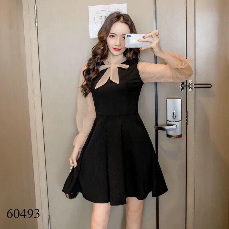 Váy xòe tay dài phối voan - cổ cột nơ - dịu dàng - nữ tính cho chị em/ có size XXL