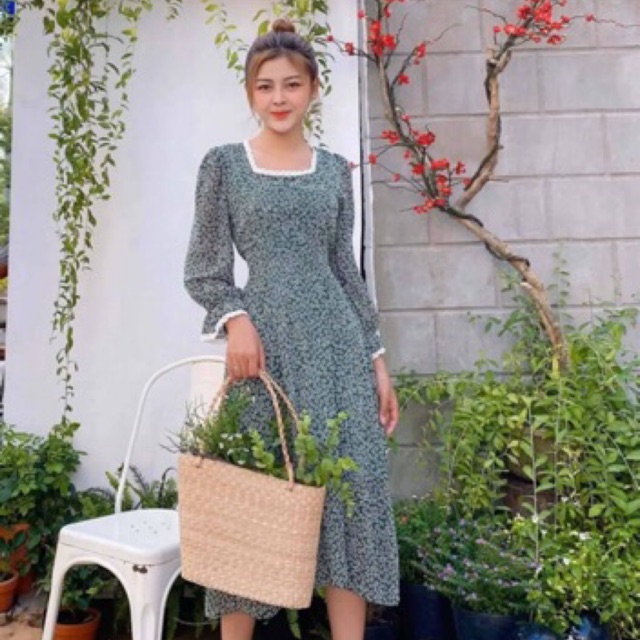 Đầm Hoa Xoè Pha Ren Tay Dài Bo Chun Nhẹ Nhàng 2 Màu Hoa