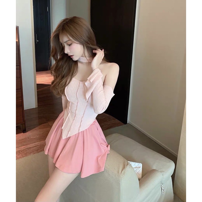 Set áo trễ vai + chân váy xòe Ulzzang