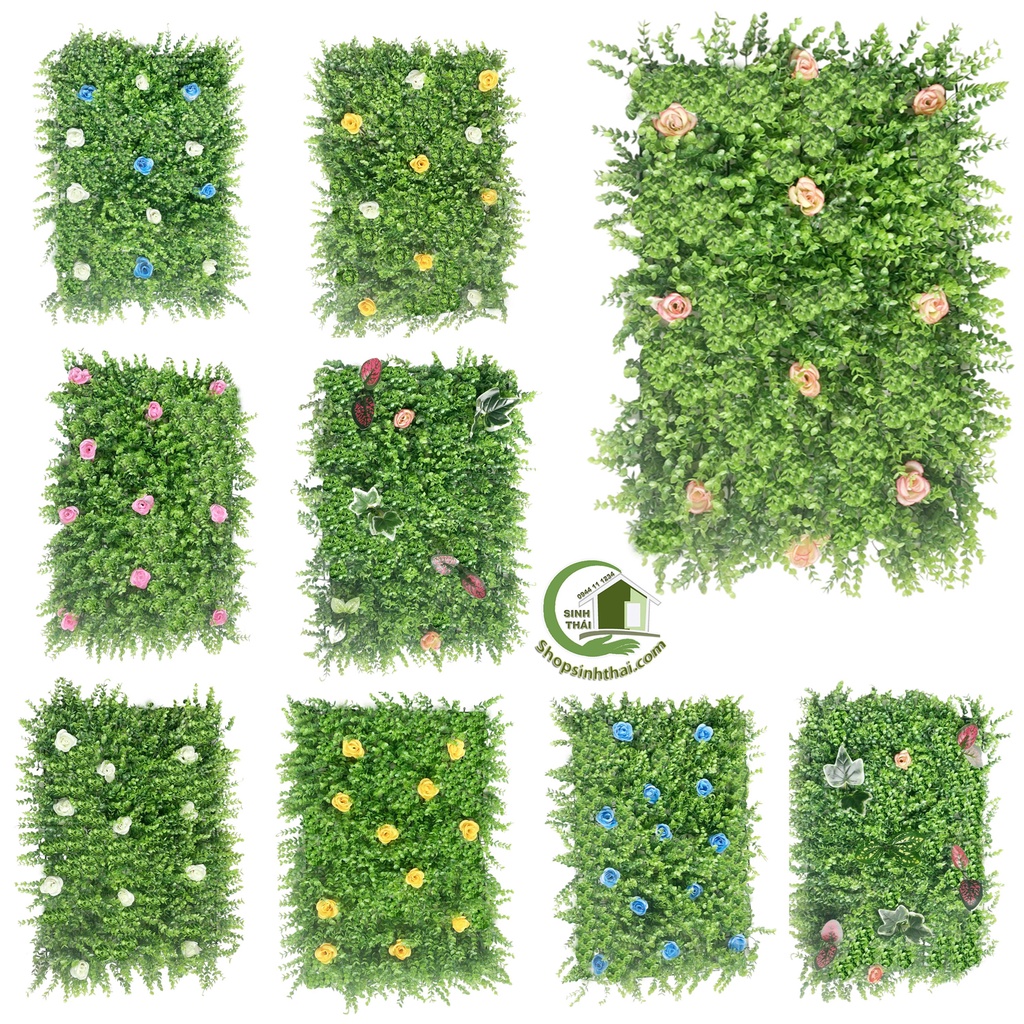 Tấm cỏ nhựa nhân tạo treo tường gắn hoa điểm nhiều màu 40cm x 60cm - Chọn loại