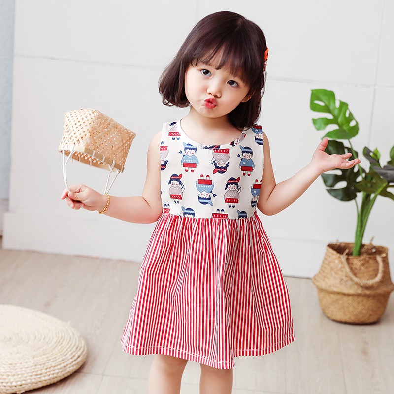 Đầm Công Chúa Không Tay In Hoa 100% Cotton Phong Cách Hàn Quốc Cho Bé 1-6 Tuổi