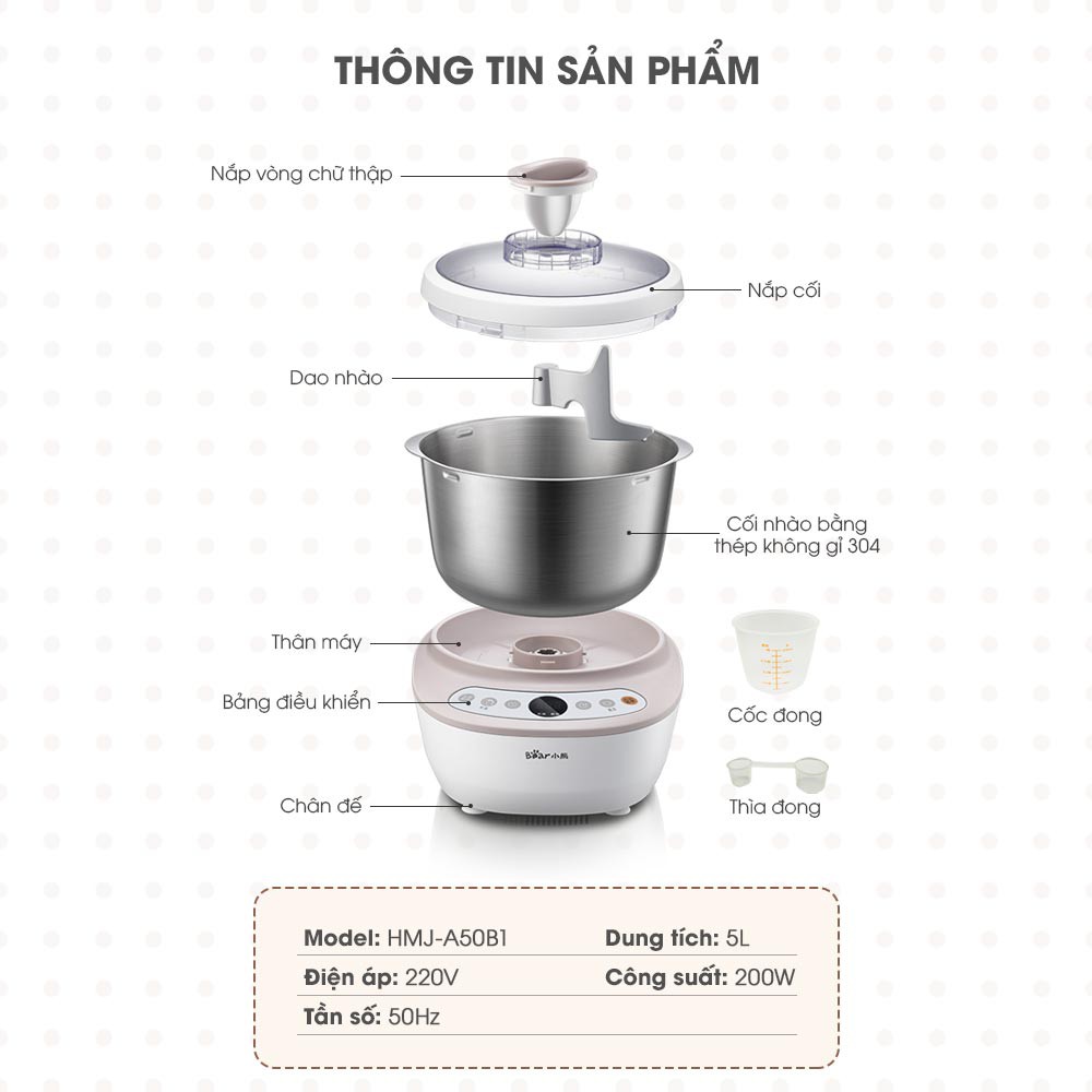 Máy Nhào Bột Nhồi Bột Tự ĐộngTrộn Bột Đánh Bột Đa Năng 5L, 3,5L, 7L Bear(Bản Quốc Tế), Bảo Hành 18 tháng