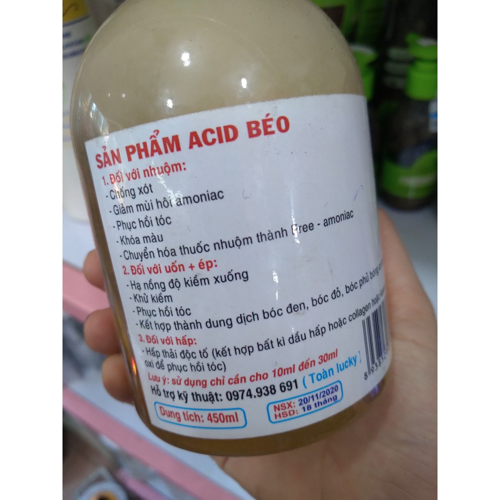 Acid béo loãng sản phẩn hỗ trợ các sản phẩm uốn, duỗi nhuộm trong ngành tóc khóa màu, khử kiềm 450ml