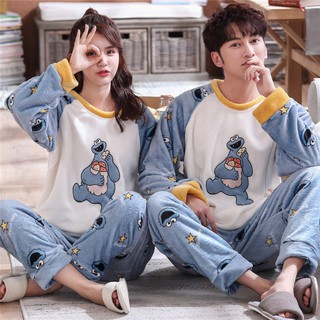 Bộ Đồ Ngủ Lông Cừu Phối Nhung Dày In Hoạt Hình Thời Trang Mùa Đông Cho Các Cặp Đôi