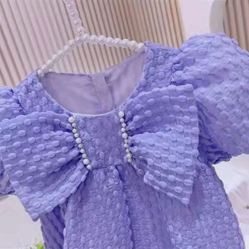 Đầm Công Chúa Tay Ngắn Màu Sắc Trơn Đính Nơ To Thời Trang Mùa Hè Cho Bé Gái Se7en