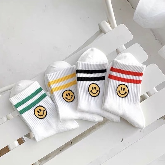Tất nam nữ cổ cao Unisex mặt cười họa tiết 2 sọc cao cấp kiểu dáng thể thao thời trang 2022