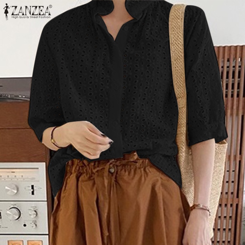 Zanzea Áo Kiểu Tay Ngắn Cổ Đứng Phối Bèo Và Nút Thời Trang Cho Nữ