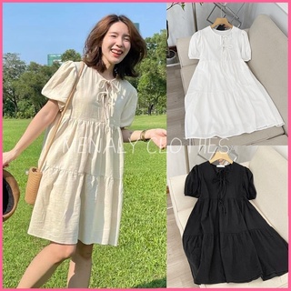 Váy tiểu thư hàn quốc babydoll dáng ngắn xòe tay bồng cổ nơ V144, váy bánh bèo dáng xòe phong cách ulzzang