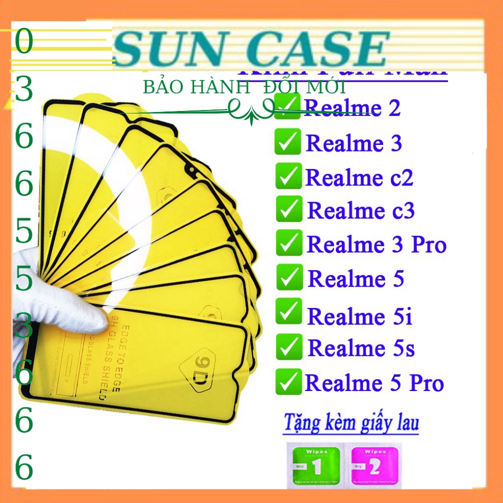 Kính cường lực Realme 2/ 3/ C2/ C3/ 3 PRO/ 5/ 5I/ 5S/ 5 PRO Full màn hình , tặng bộ giấy lau Educase.vn