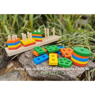 Đồ chơi gỗ montessori 5 cọc hình khối cho bé học và chơi