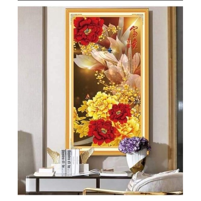 Tranh thêu chữ thập hoa mẫu đơn E100 - 50x90cm