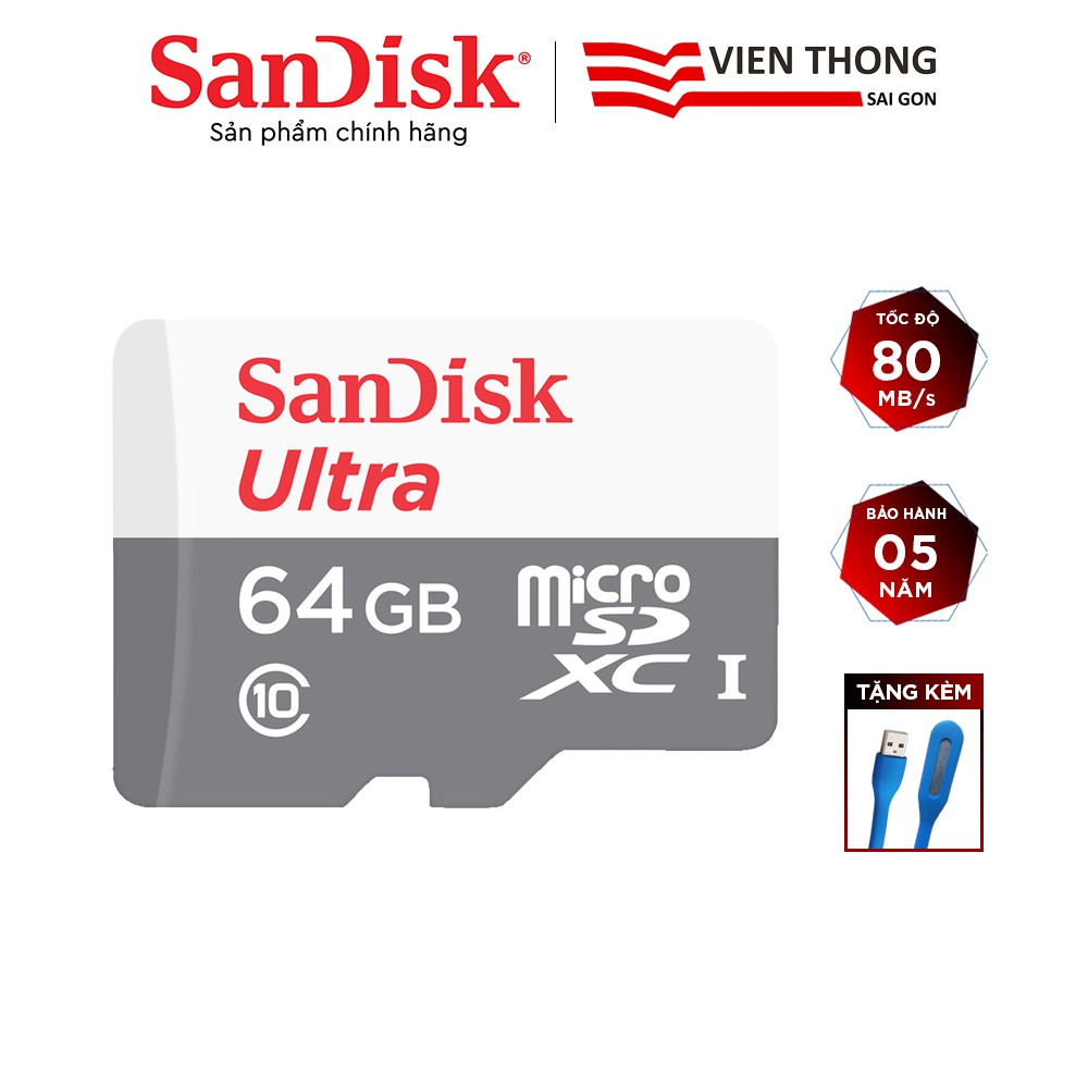 Thẻ nhớ microSDXC SanDisk Ultra 64GB upto 80MB/s 533x tặng đèn LED USB -