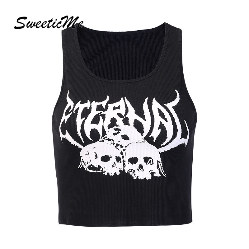  Sweeticme Áo không tay nữ Hở Lưng In Hình Đầu Lâu Cá Tính