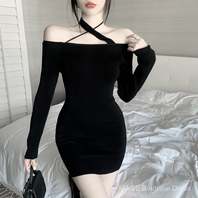 Đầm dệt kim trễ vai dáng ôm màu đỏ phong cách vintage mới
