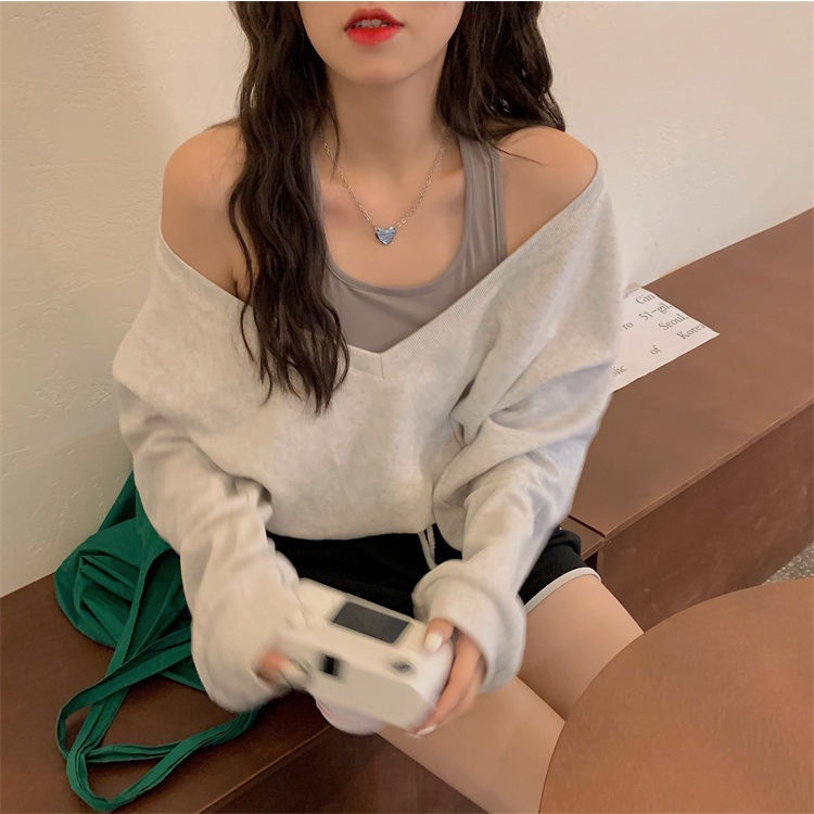 Áo Thun Tay Dài Hở Vai Giả Hai Lớp Màu Sắc Tương Phản Thời Trang Dành Cho Nữ