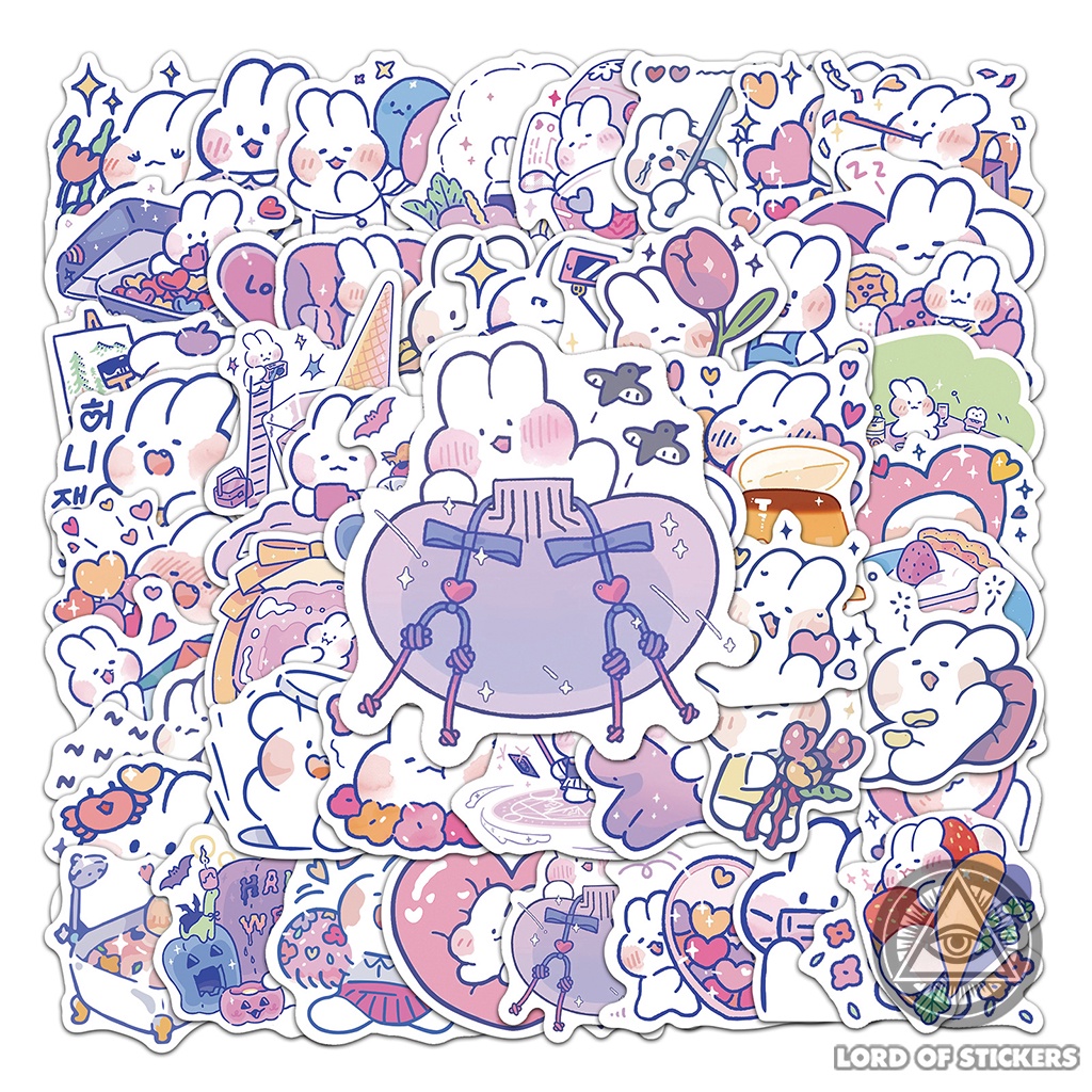 Set 50 Nhãn Dán Sticker Mini Hoạt Hình Thỏ Trắng Đáng Yêu Cute Chống Thấm Nước Trang Trí Bình Nước, Điện Thoại, Máy Tính