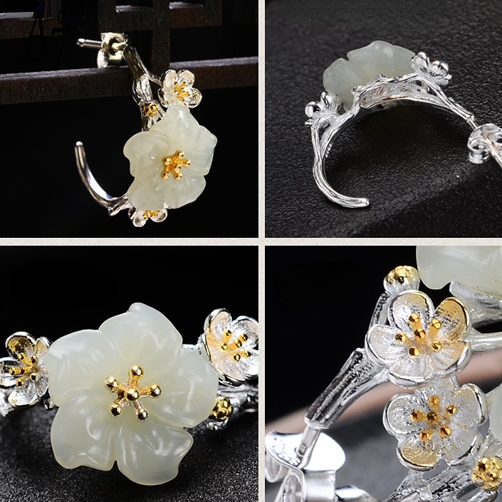 Khuyên Tai Bạc A7 Họa Tiết Hoa Anh Đào Đính Đá Ngọc Bích Trắng Chống Dị Ứng