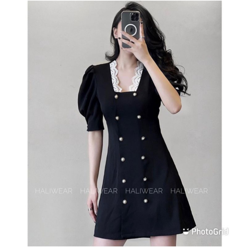 Váy đen phối ren cúc ngọc cho nữ
