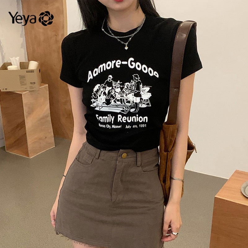 Áo thun YEYA tay ngắn hở rốn in họa tiết đơn giản thời trang cho nữ
