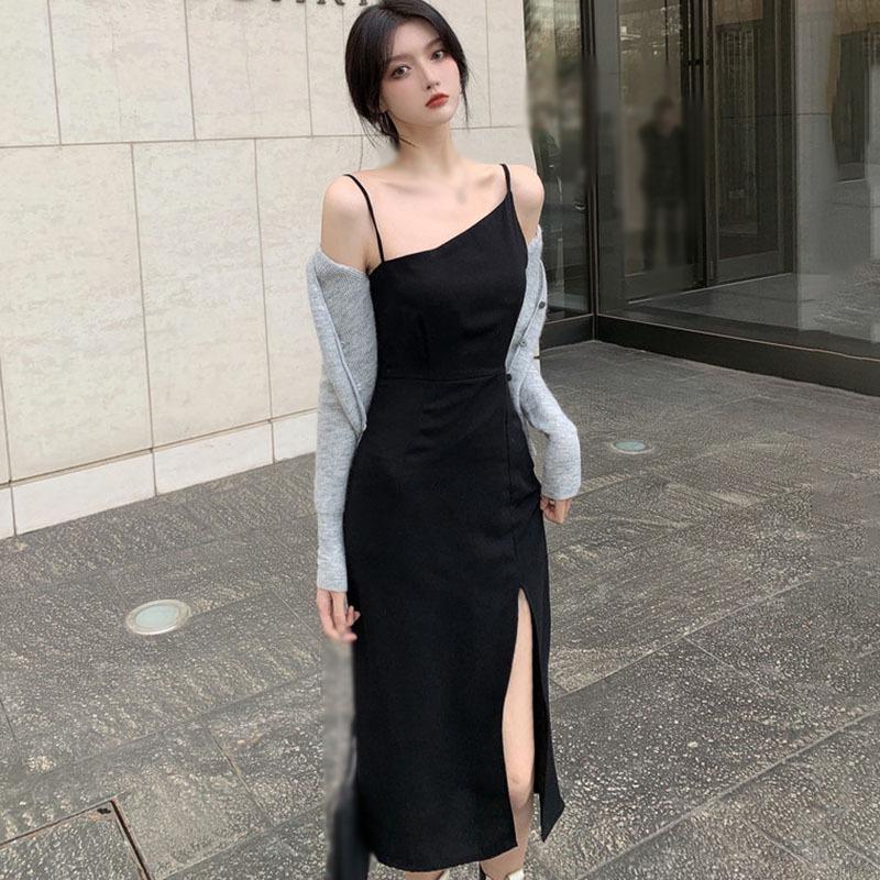 Đầm 2 dây xẻ tà màu sắc cổ điển phong cách Hàn Quốc thời trang cho nữ