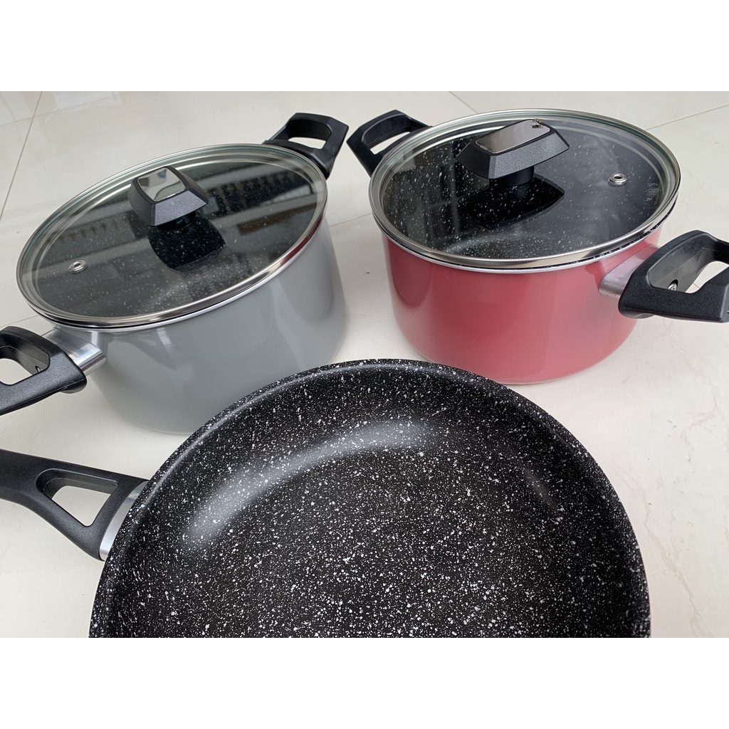 Tặng son lì Hàn Quốc - Bộ nồi chảo đáy từ 3 món Easy Seoulcook gồm 2 nồi 18-20cm, 1 chảo 24cm