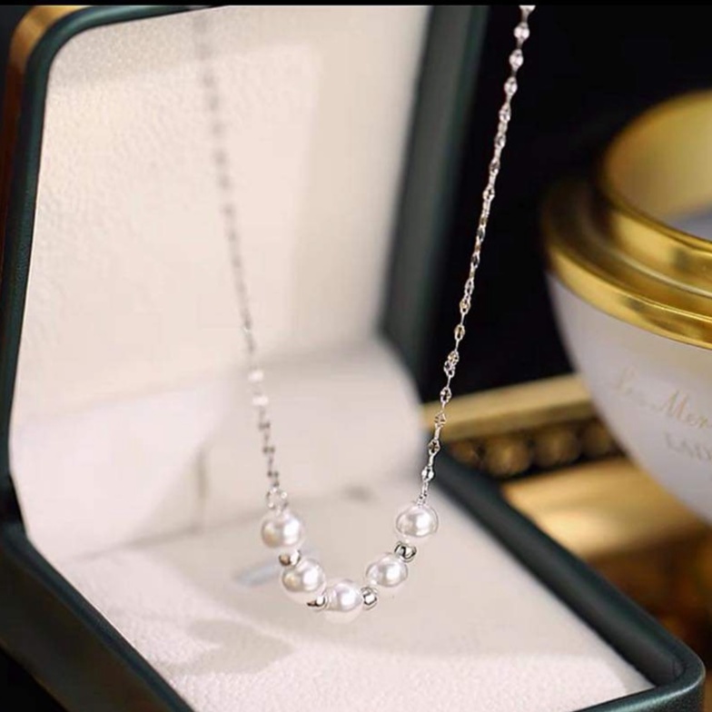 Dây chuyền bạc Dây liền mặt dãy hạt ngọc trắng xinh Van Jewelry V10765
