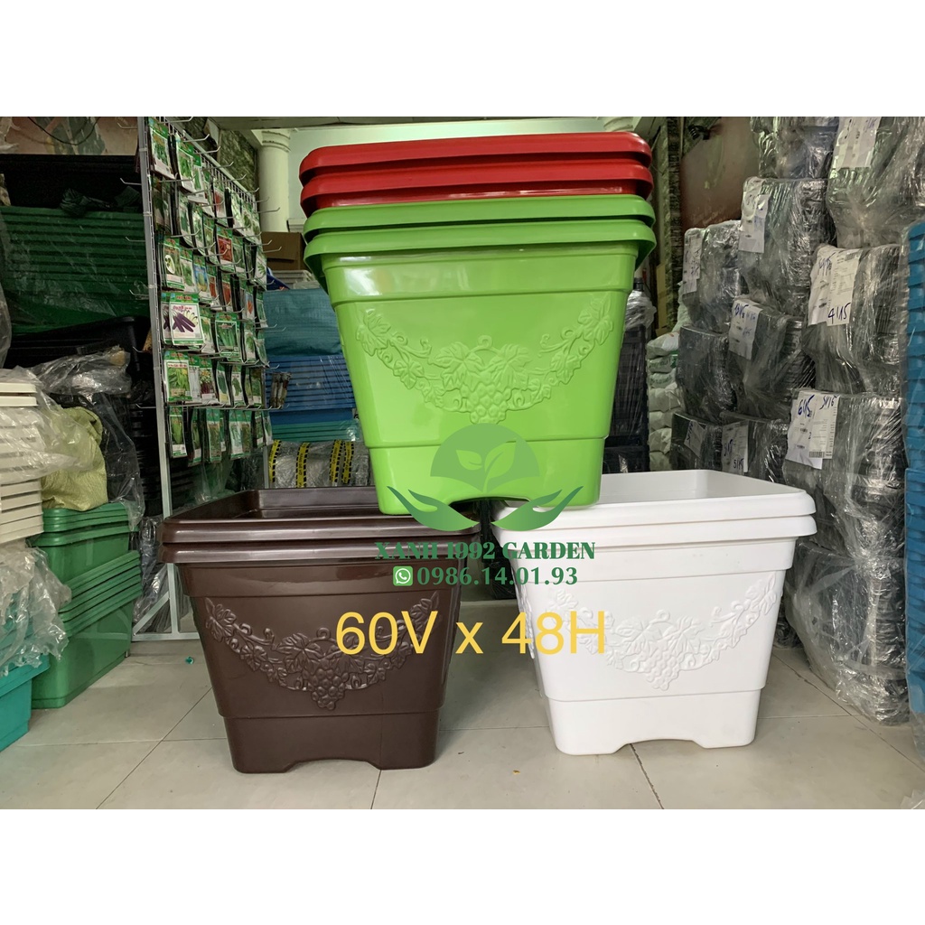 CHẬU VUÔNG NHỰA CỠ LỚN TRỒNG CÂY ĂN TRÁI KT:(60cmx60cmx48H), XANH 1992 GARDEN