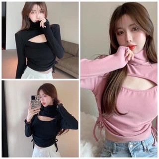 Áo kiểu thun tay dài croptop cổ lọ phối kiểu chít