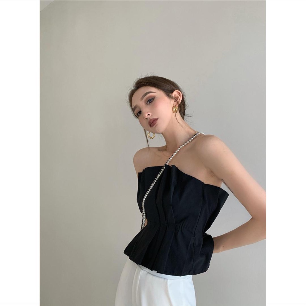 Áo ống ngắn màu đen không dây xếp ly thời trang cao cấp