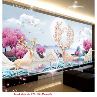 (Mẫu mới ra E76) Tranh thêu kín gia đình Hươu Phát Tài bên sông 100x55 cm