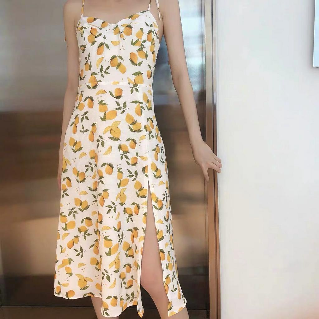 Đầm Midi Nữ Xẻ Tà In Hình Quả Chanh