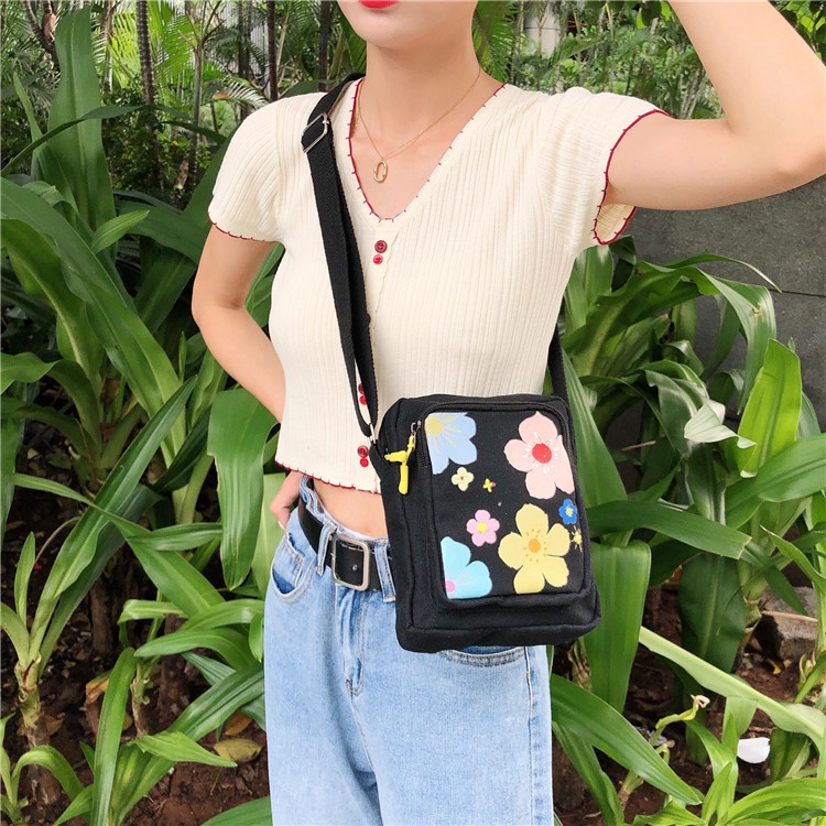 Túi đeo chéo nhỏ mini vải canvas hoa màu sắc ulzzang
