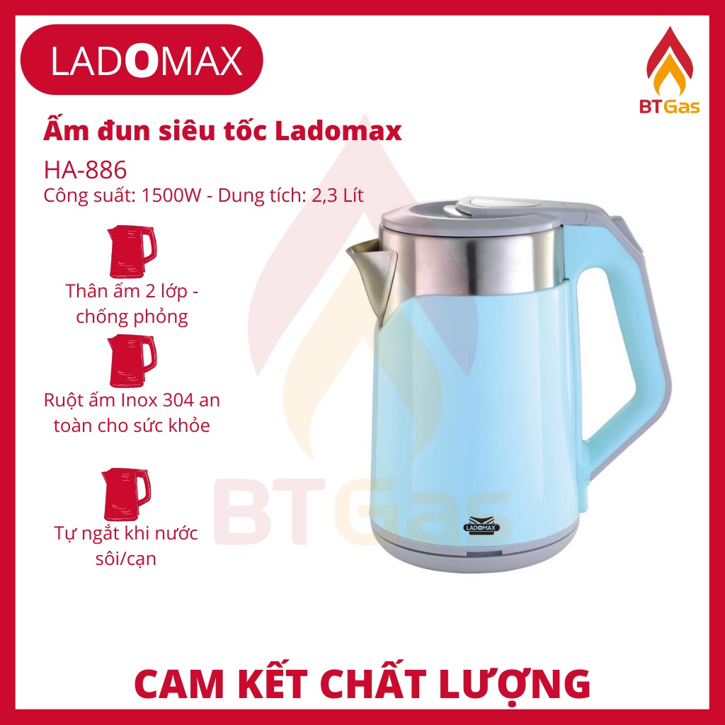 Bình đun siêu tốc, ấm siêu tốc Inox 2 lớp chống phỏng đun nước siêu nhanh Ladomax HA-886 2.3L