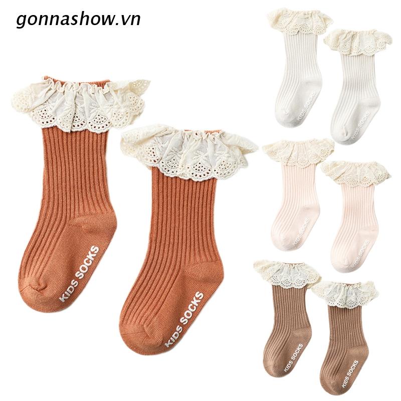 Đôi vớ cotton dài qua gối phối ren nhún bèo dễ thương dành cho bé gái