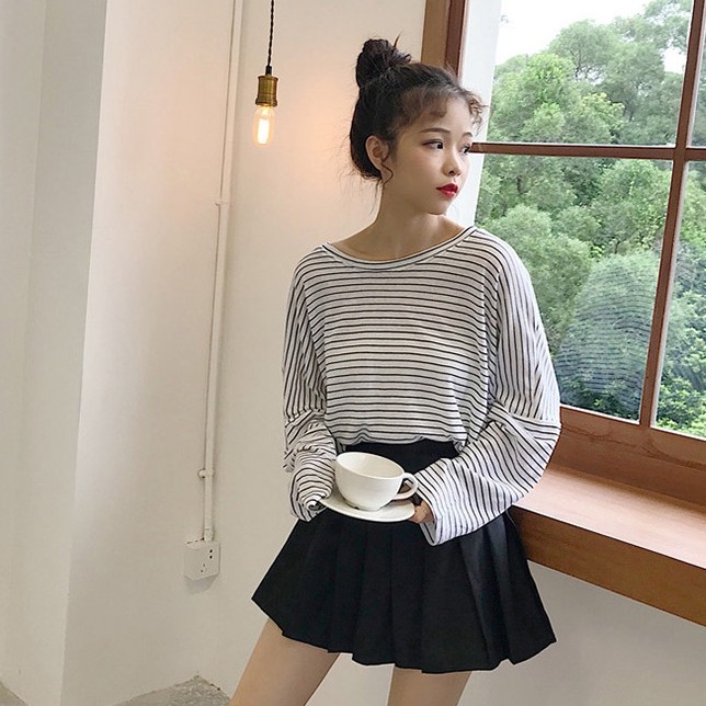 Áo thun cổ tròn dài tay kẻ sọc ngang phong cách Hàn Quốc cho nữ | BigBuy360 - bigbuy360.vn