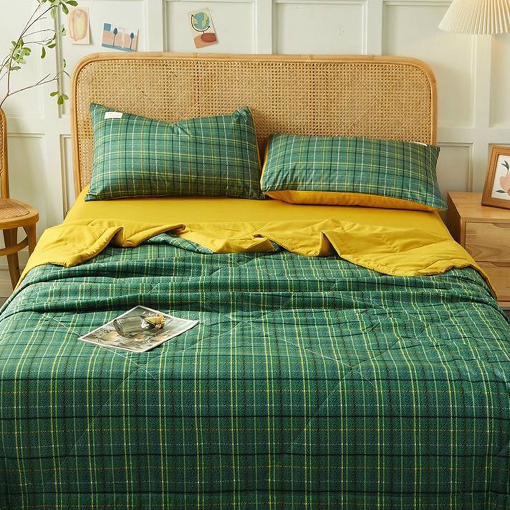 Bộ chăn ga gối cotton tici chăn trần EMMI Bedding mẫu kẻ xanh rêu  grap nệm thun lạnh Hàn Quốc Drap giường đệm đủ size
