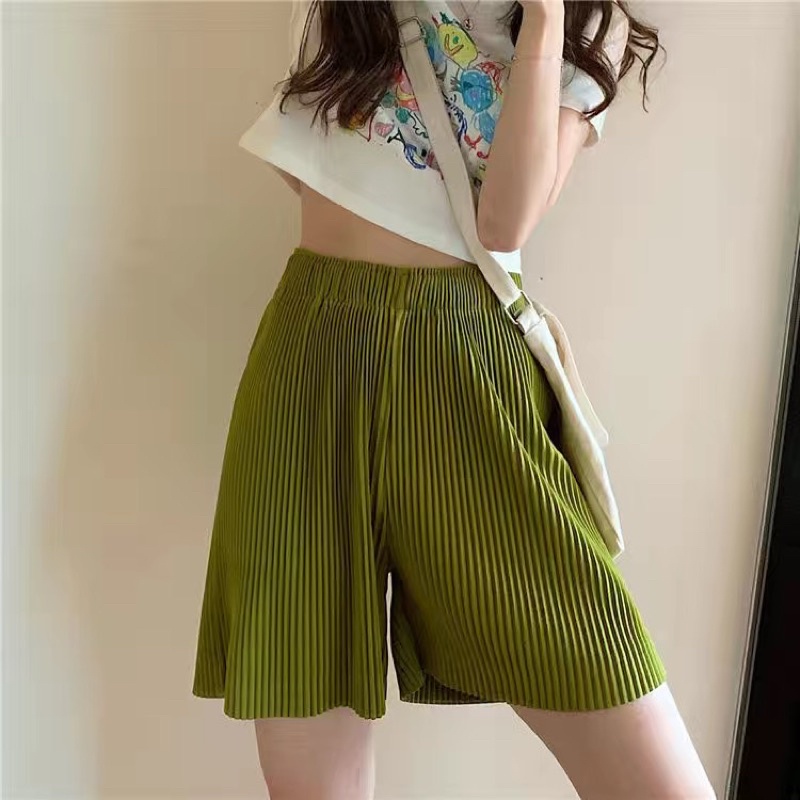 Quần lửng ống rộng xếp ly xu hướng nữ 2022 phiên bản mới của Hàn Quốc của quần năm điểm quần âu ống rộng cạp cao kết hợp