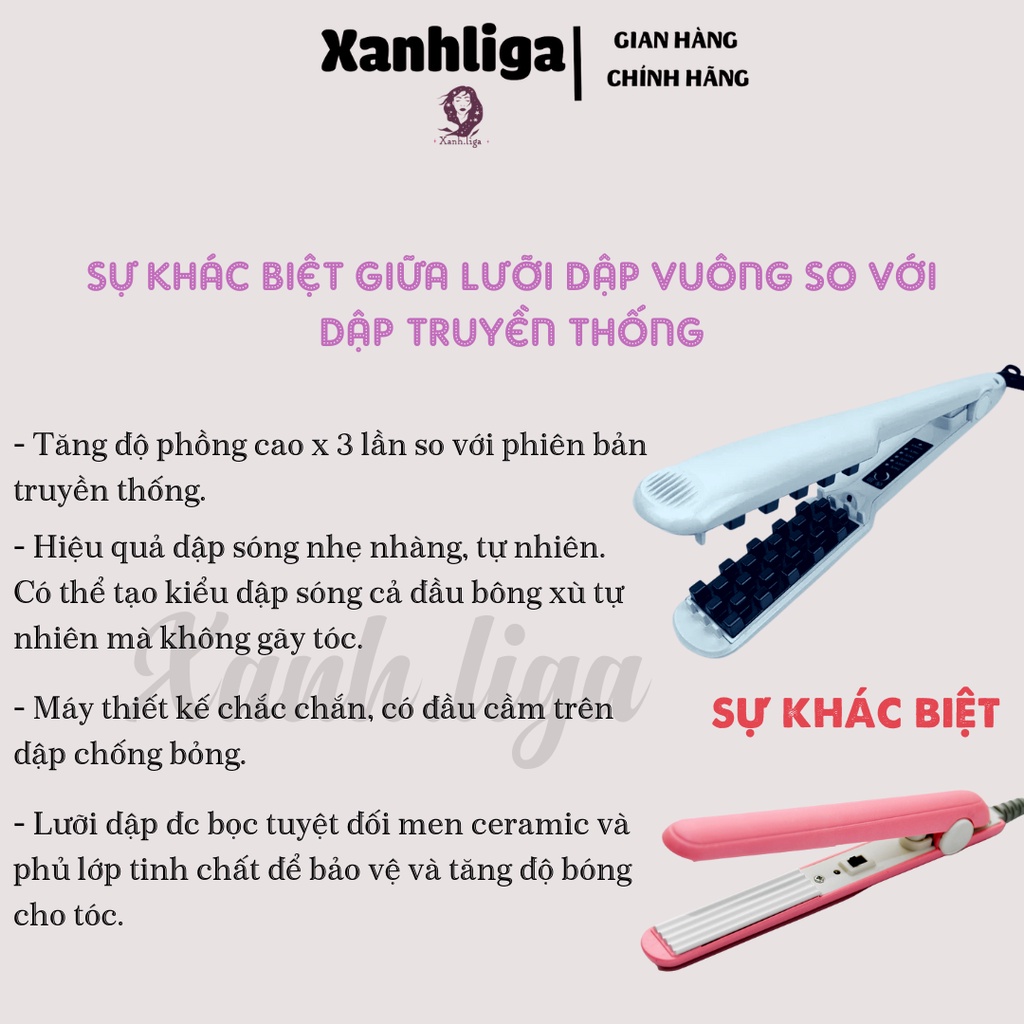 Máy bấm xù dập phồng tóc 5 mức chỉnh nhiệt tạo kiểu tóc. dập xù chân vuông cao cấp 2in1 Hàn Quốc - Xanhliga