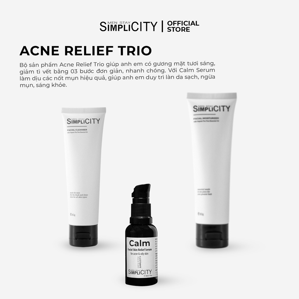 Bộ sản phẩm chăm sóc da mụn toàn diện cho nam Men Stay Simplicity Acne Relief Skincare Trio giảm mụn an toàn