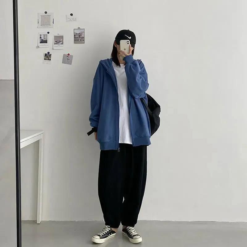 Áo Khoác Hoodie Dáng Rộng Phối Khóa Kéo Thời Trang Xuân Thu Mới 2021
