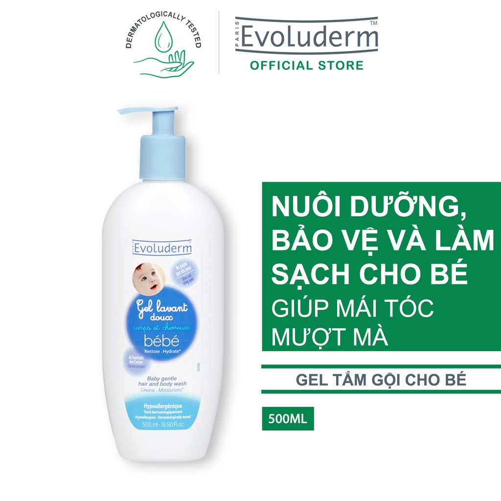 Gel tắm gội làm sạch dưỡng ẩm toàn thân cho em bé Chính hãng Evoluderm 500ml