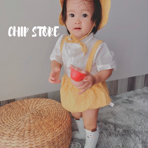 Yếm Sơ Mi Cho Bé CHIP STORE Áo Sơ Mi Trắng Vải Xô Kèm Yếm Caro Siu Đáng Yêu