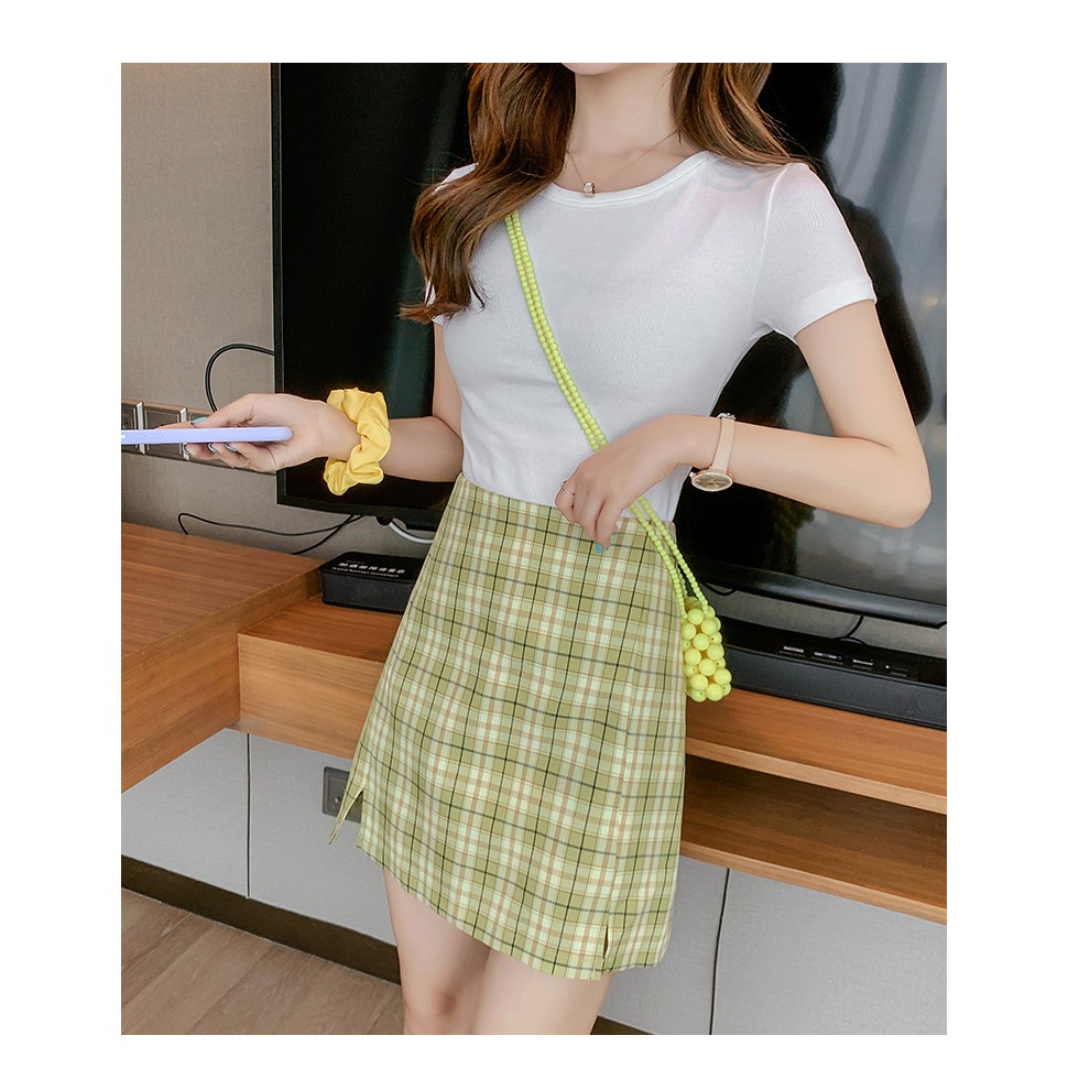 Váy Chữ A  Cạp Cao Kẻ Ca-Ro Dễ Thương Phong Cách Hàn Quốc | BigBuy360 - bigbuy360.vn