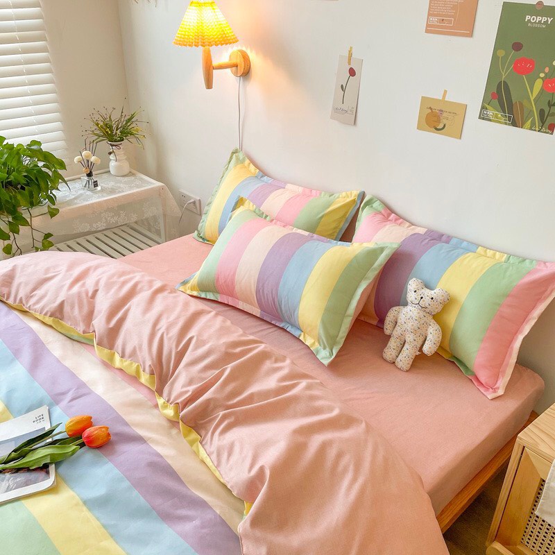 Bộ chăn ga Cotton Poly HL bedding chăn ga Hàn Quốc Bảy sắc cầu vồng đủ size miễn phí bo chun