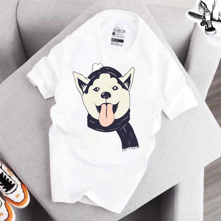 ÁO THUN TRẮNG UNISEX NAM NỮ CÚN HUSKY ĐỘI NÓN WITH HAT SIÊU ĐÁNG YÊU ĐỘC ĐÁO (CÓ SIZE TRẺ EM) - HK149