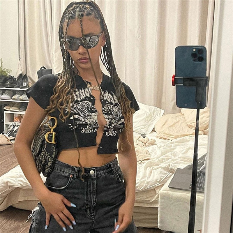 Áo Thun Crop Top Tay Ngắn Cổ Tròn In Hình Đôi Cánh Phong Cách Harajuku Cho Nữ