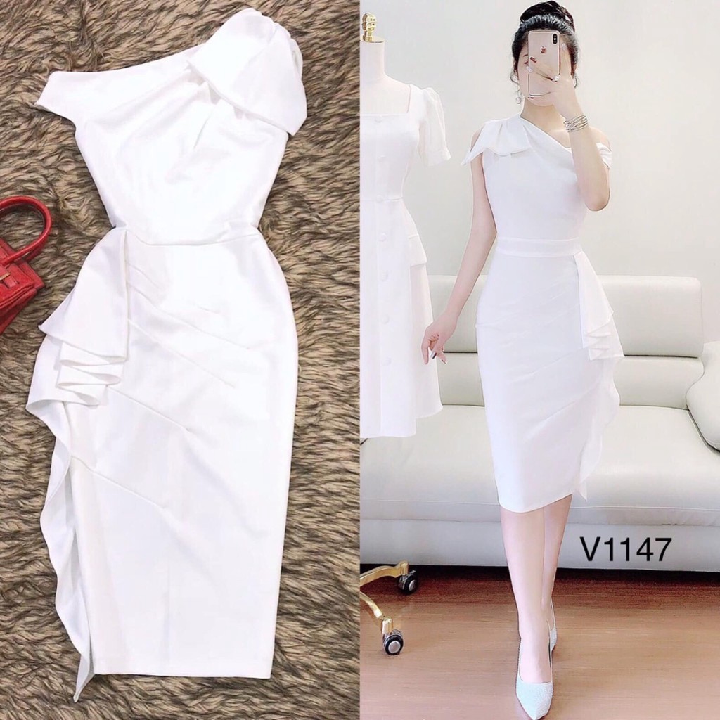 HÀNG CAO CẤP -  Đầm body lệch vai phối nơ chất umi freesize 2 màu trắng đỏ  - Hàng Cao Cấp